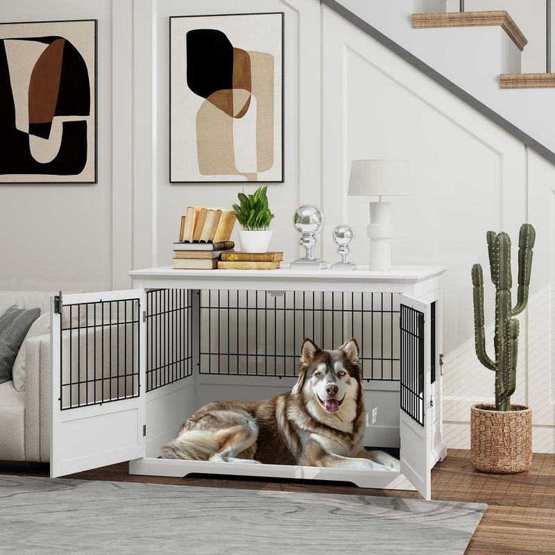 PawHut Dog Crate Furniture, 43" Dog Kennel End Table with 3 Doors, Removable Tray, for Extra Large Medium Small Dogs, Indoor Use, White