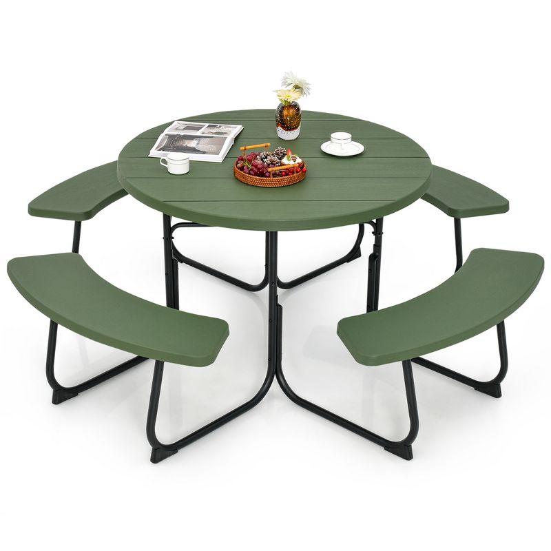 Costway Outdoor 8-person Round Picnic Table Bench Set with 4 Benches & Umbrella Hole Green