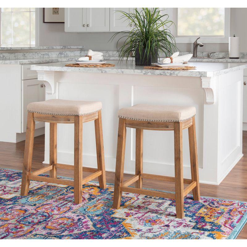 Claridge Backless Nailhead Saddle Acacia Counter Height Barstool Natural - Linon: Chic Beige Linen Seat, Rubberwood
