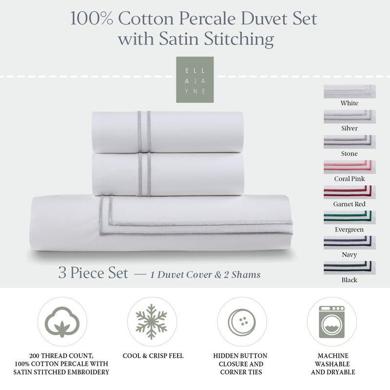 Ella Jayne 100% Cotton Percale 3 Piece Duvet Set, Full/Queen, White with Silver Satin Stitching