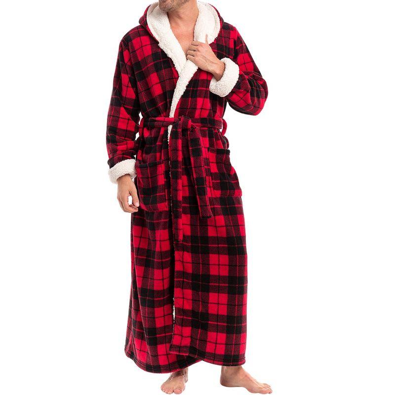 ADR Men's Warm Winter Plush Hooded Bathrobe, Full Length Fleece Robe with Hood Red Black Plaid with Cream Medium