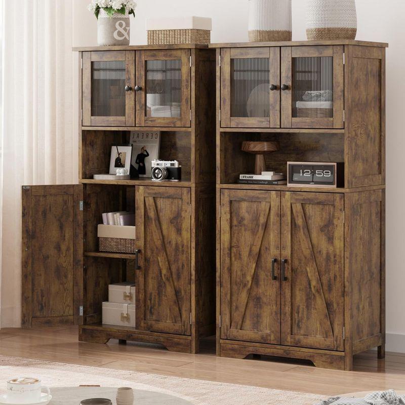 Freestanding Floor Linen Storage Cabinet with Glass Doors & Adjustable Shelves, Standing Cupboard for Bathroom, Kitchen, Living Room, Vintage