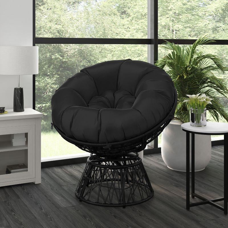 Black Woven Wicker Papasan Swivel Chair with Cushion