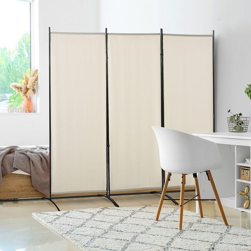 Beige 3-Panel Folding Privacy Screen with Steel Frame