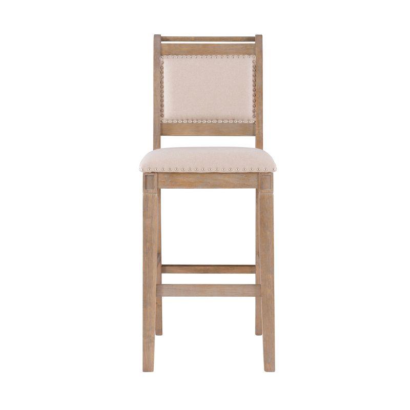 Emmy Padded Back Nailhead Barstool Natural - Linon: 30" Height, Rustic Wash, Upholstered, Footrest