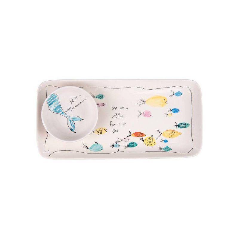 Whimsical Fish and Mermaid Ceramic Chip and Dip Set