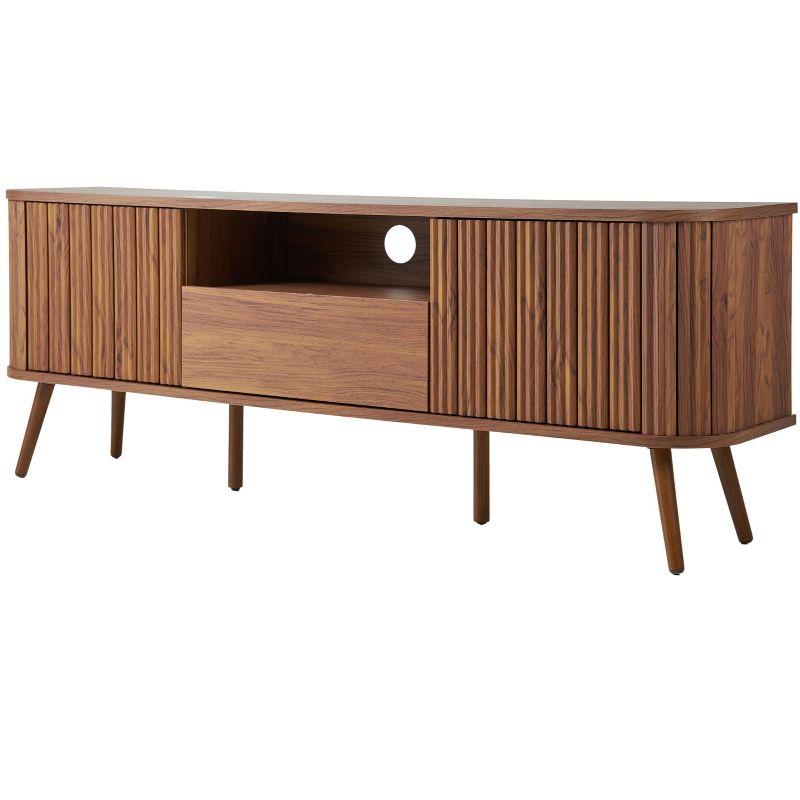 JONATHAN Y Damien 70 in. Farmhouse Curved TV Stand with Drawer and Storage Doors Fits TVs up to 75 in. with Cable Management, Walnut