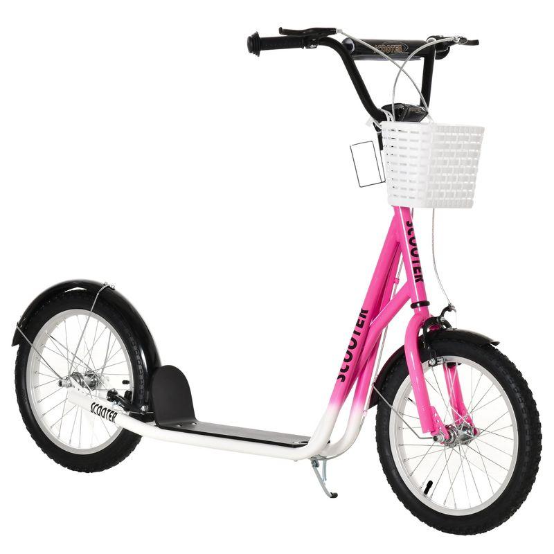 Pink Youth Kick Scooter with Adjustable Handlebars and Basket