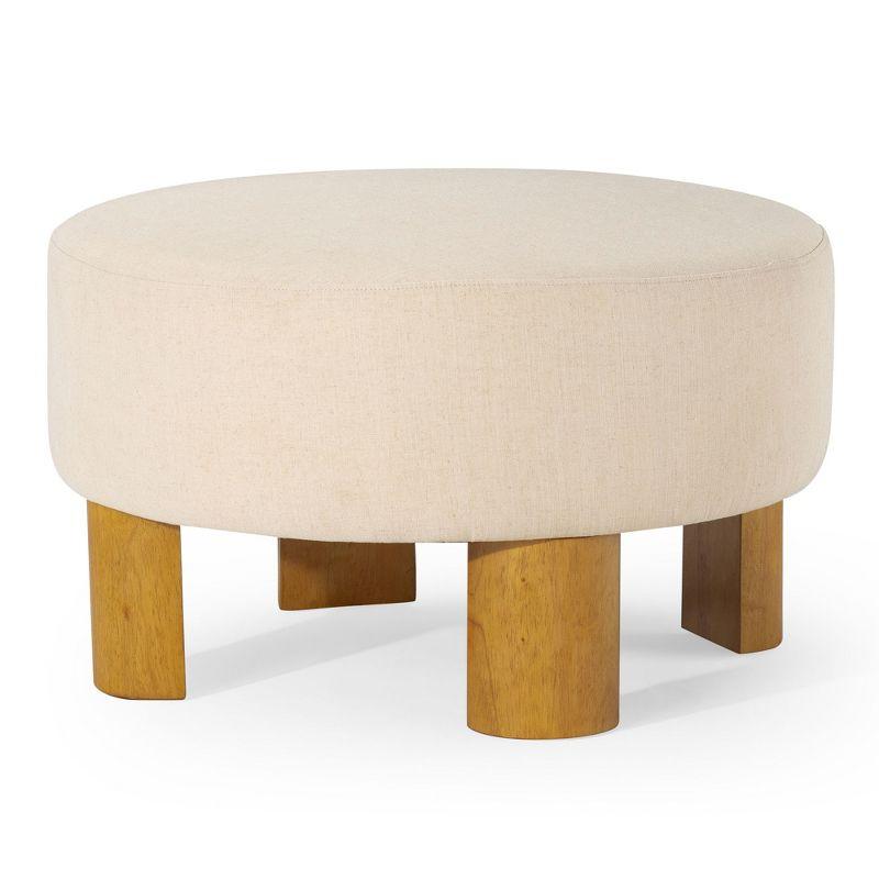 Celia Round Beige Upholstered Ottoman with Natural Wood Legs