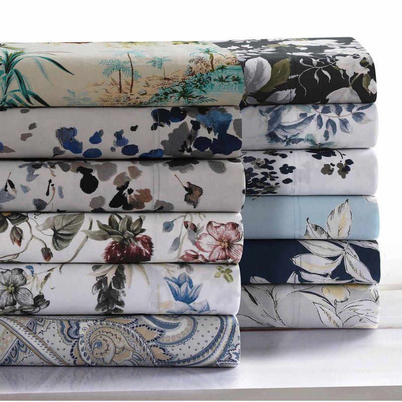 California King Blue Floral Print Satin Deep Pocket Sheet Set