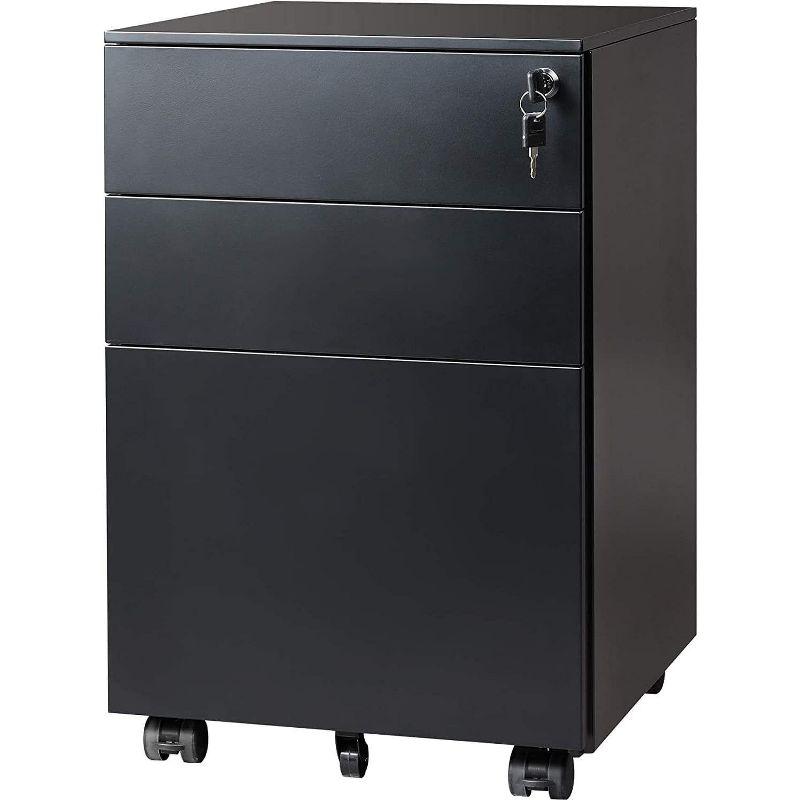 Locking File Cabinet, 3 Drawer Rolling Pedestal Under Desk Office, Fully Assembled Except Casters, Black