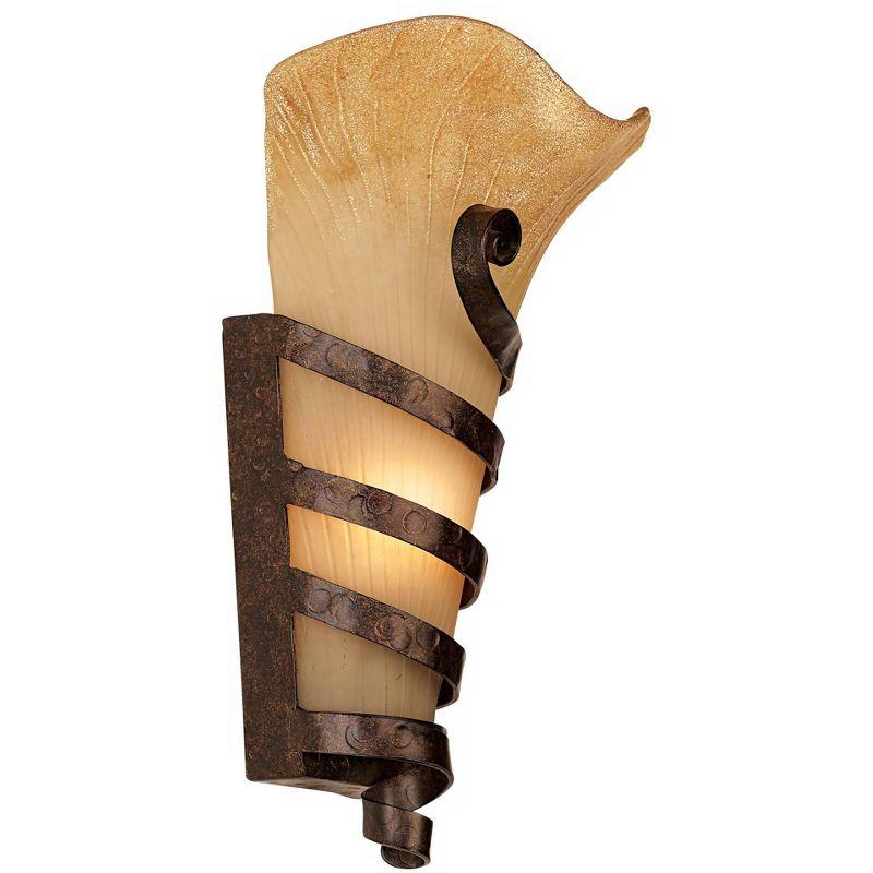 Franklin Iron Works Solara Rustic Wall Light Sconce Rust Iron Scroll Hardwire 10" Fixture Scavo Glass for Bedroom Bathroom Vanity Reading Living Room