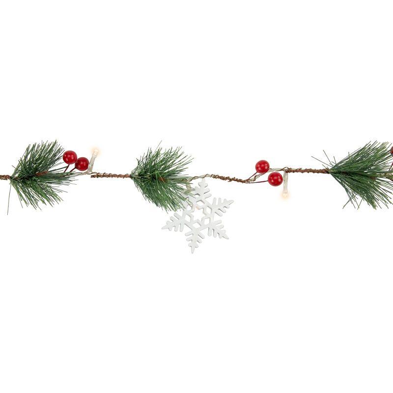 Northlight Pre-Lit B/O Pine, Berry and Snowflake Christmas Garland - 6' - Warm White LED Lights