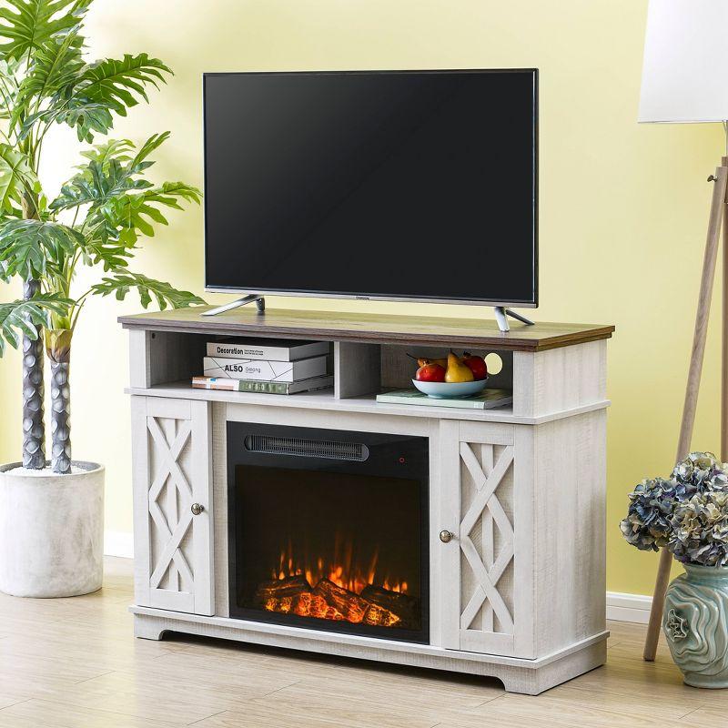 Home Essentials 48" TV Stand for TVs up to 55" with Electric Fireplace White: MDF Construction, Nickel Hardware, Adjustable Storage