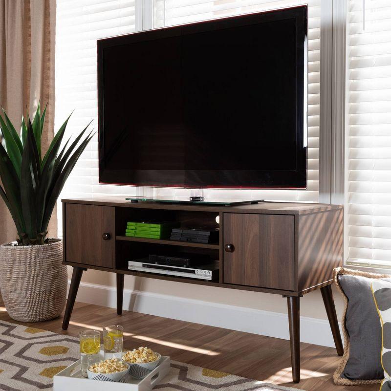 Alard 2 Door Wood TV Stand for TVs up to 50" Walnut - Baxton Studio: Mid-Century Modern Media Console with Fixed Shelves
