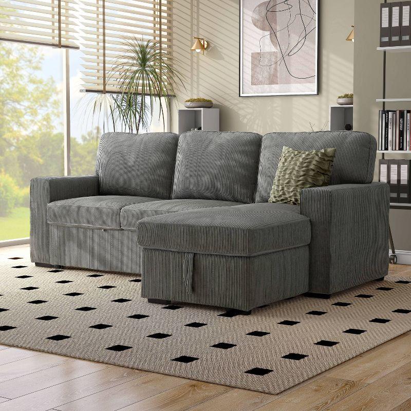 HOMES: Inside + Out Paeke Sleeper Sectional Sofa Corduroy with Storage Chaise and Reversible Dark Gray
