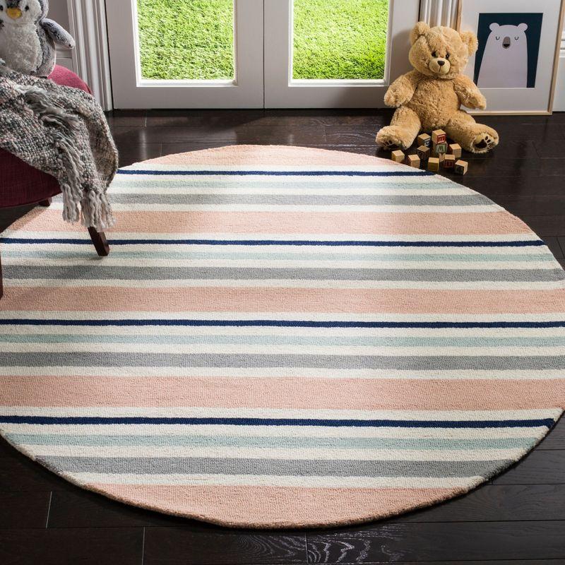 Ivory and Multi-Color Round Wool Kids Rug