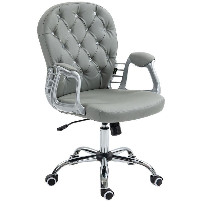 Vinsetto Vanity PU Leather Mid Back Office Chair Swivel Tufted Backrest Task Chair with Padded Armrests, Adjustable Height, Rolling Wheels, Gray
