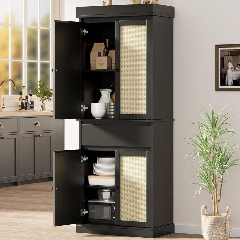 Tall Kitchen Pantry Cabinet 69" Storage Cabinet with Rattan Doors, Drawer and Adjustable Shelves, Cupboard for Bathroom Dining Room, Black