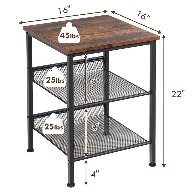 Costway 3-Tier Industrial End Side Table Nightstand W/2 Adjustable Shelves Rustic Brown