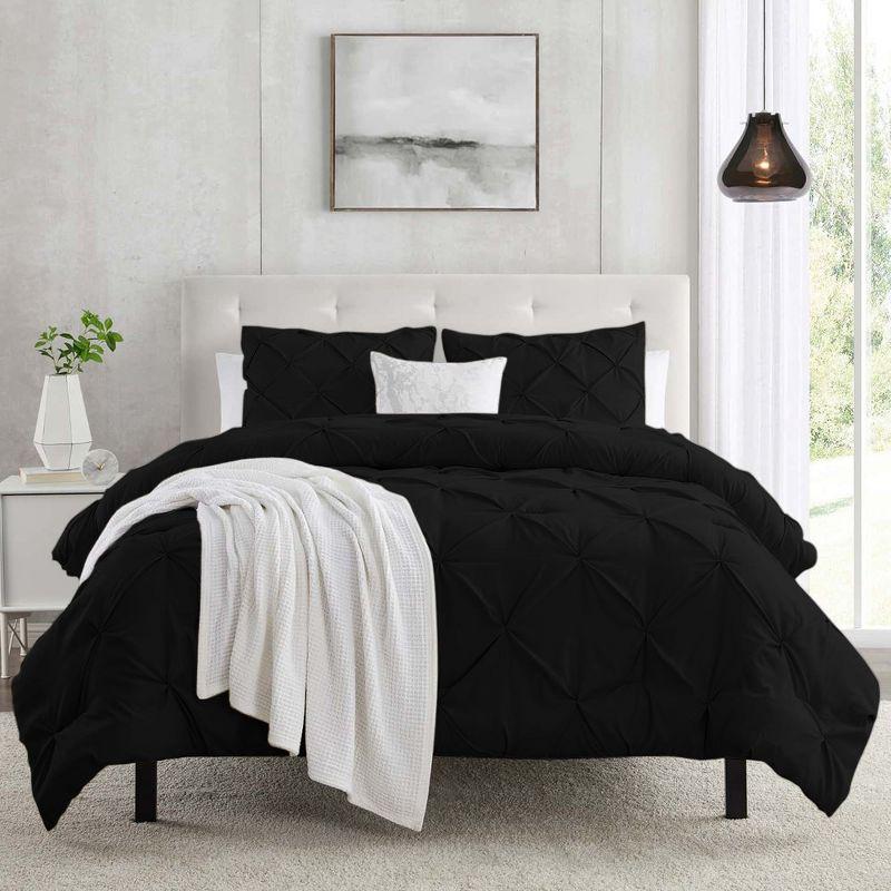 Full Black Microfiber Pintuck Duvet Cover Set with Shams