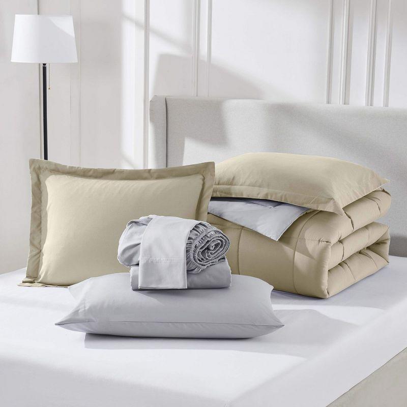 Full Beige and Gray Reversible Microfiber Bed in a Bag Set