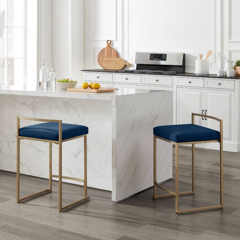 Crosley Harlowe 2pc Counter Height Barstool Set Navy/Gold: Upholstered Velvet, Steel Frame, Fixed 24.25" Seat Height