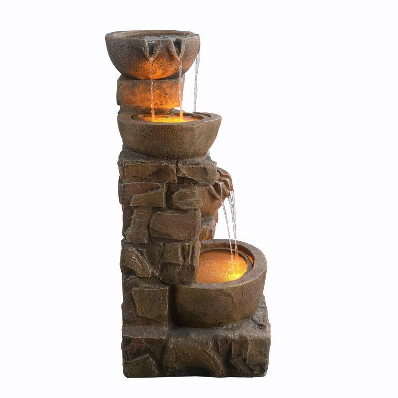 Teamson Home 33.27" Polyresin Cascading Bowls & Stacked Stones LED Fountain: Rust-Resistant, Electric Pump, Ground Freestanding