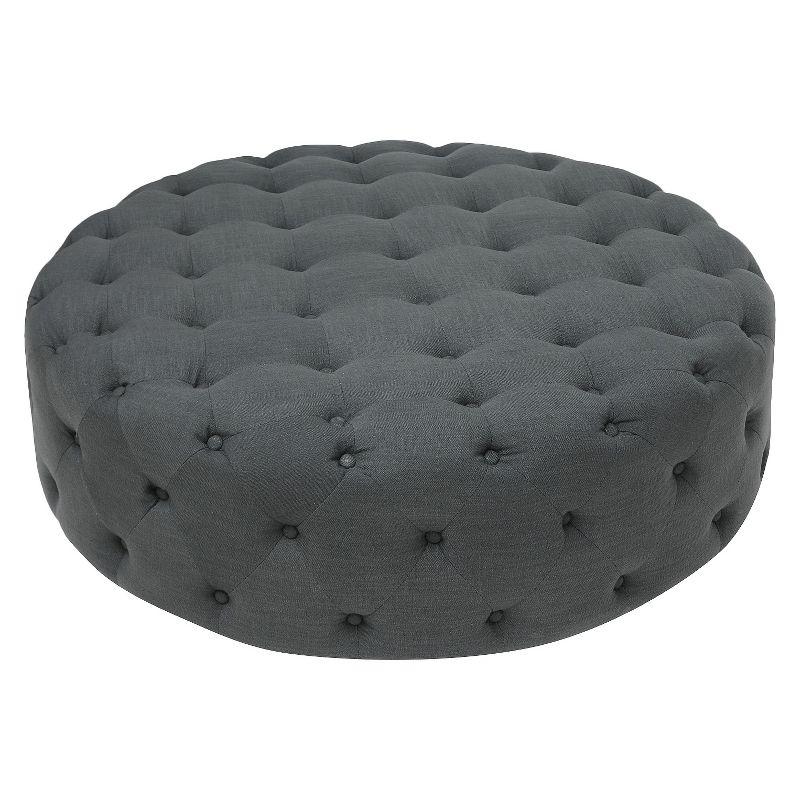 Elysian Dark Gray Linen Round Tufted Ottoman with Eucalyptus Wood