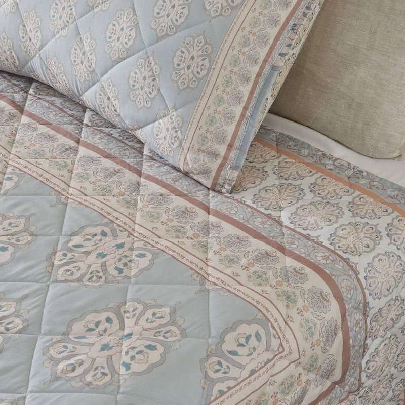 2pc Twin Printed Vintage Quilt Bedding Set Beige/Blue - Patina Vie: Reversible Damask Pattern, OEKO-TEX Certified