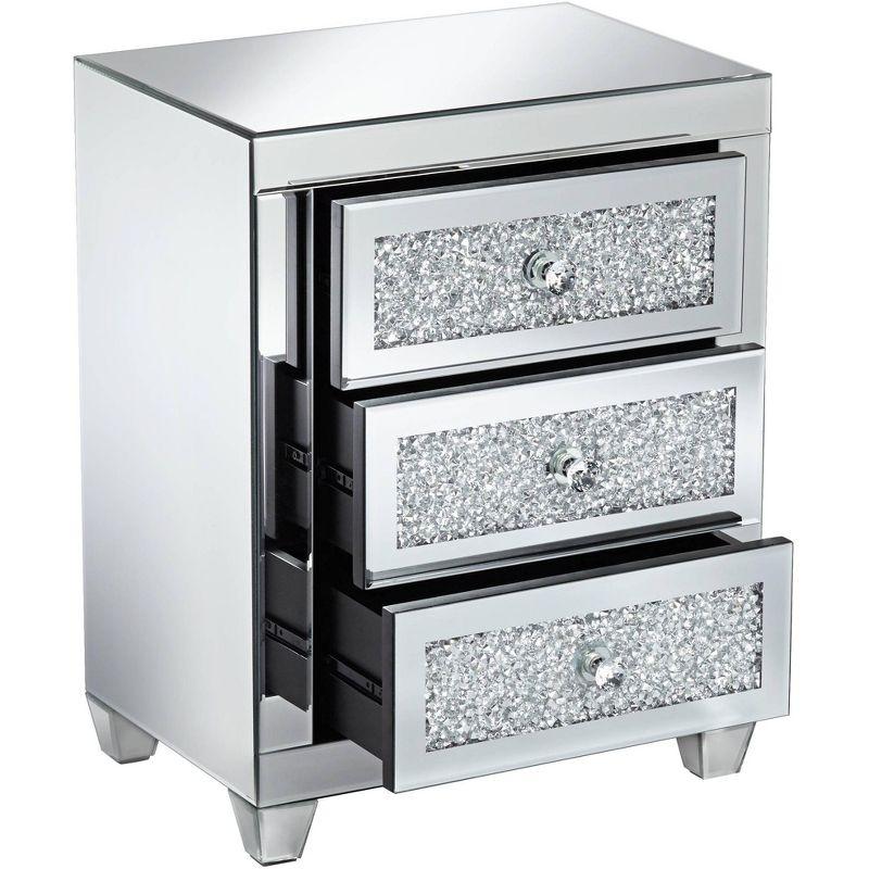 Studio 55D Gia Modern Mirrored Rectangular Accent Side End Table 20" x 14" with 3-Drawer Silver Glass Crystal for Living Room Bedroom Bedside Entryway
