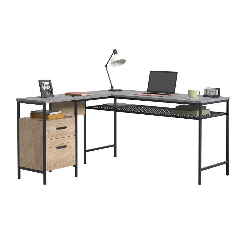 Gray Oak L-Shaped Computer Desk with Drawer and Filing Cabinet