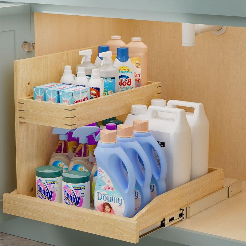 Adjustable 2-Tier Birch and Oak Under Sink Organizer with Soft Close