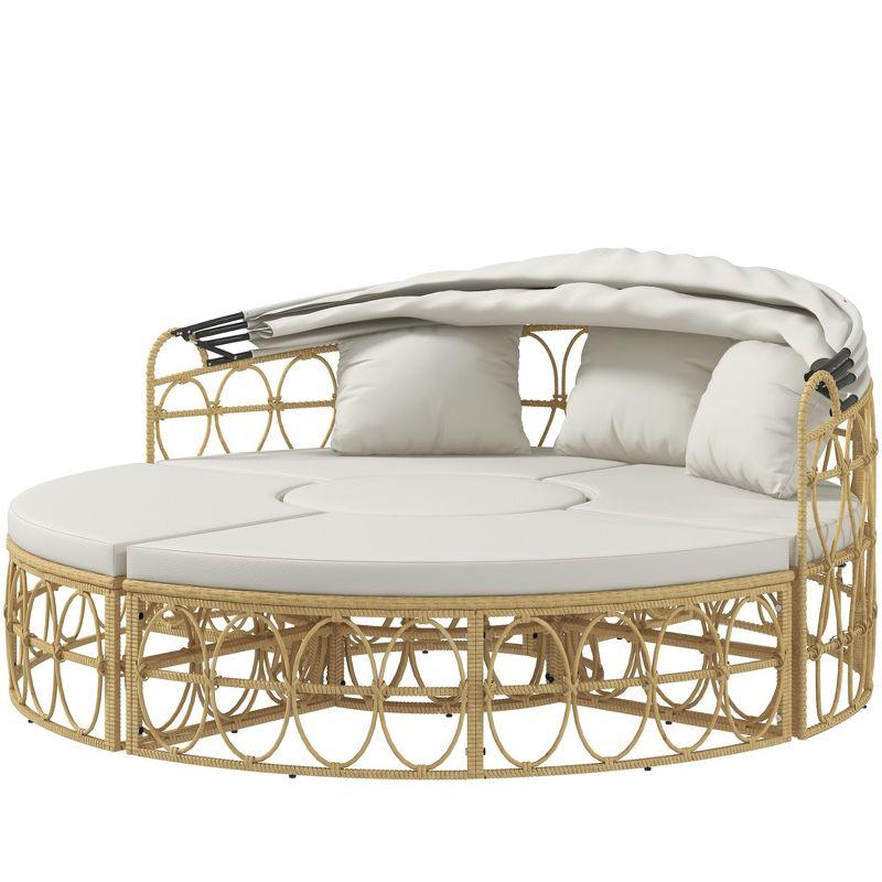 Outsunny 4 Piece Round Outdoor Daybed with Canopy, Cushioned PE Rattan Patio Furniture Set, Cream White