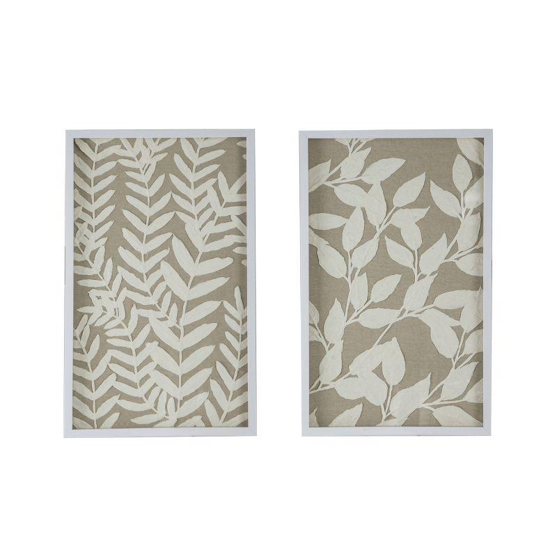 Set of 2 White Botanical Paper Shadow Box Wall Decor with MDF Frame