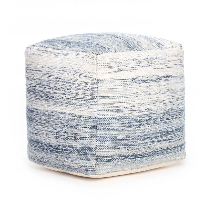 Bar Harbor 21" Blue and Ivory Cotton Pouf Ottoman