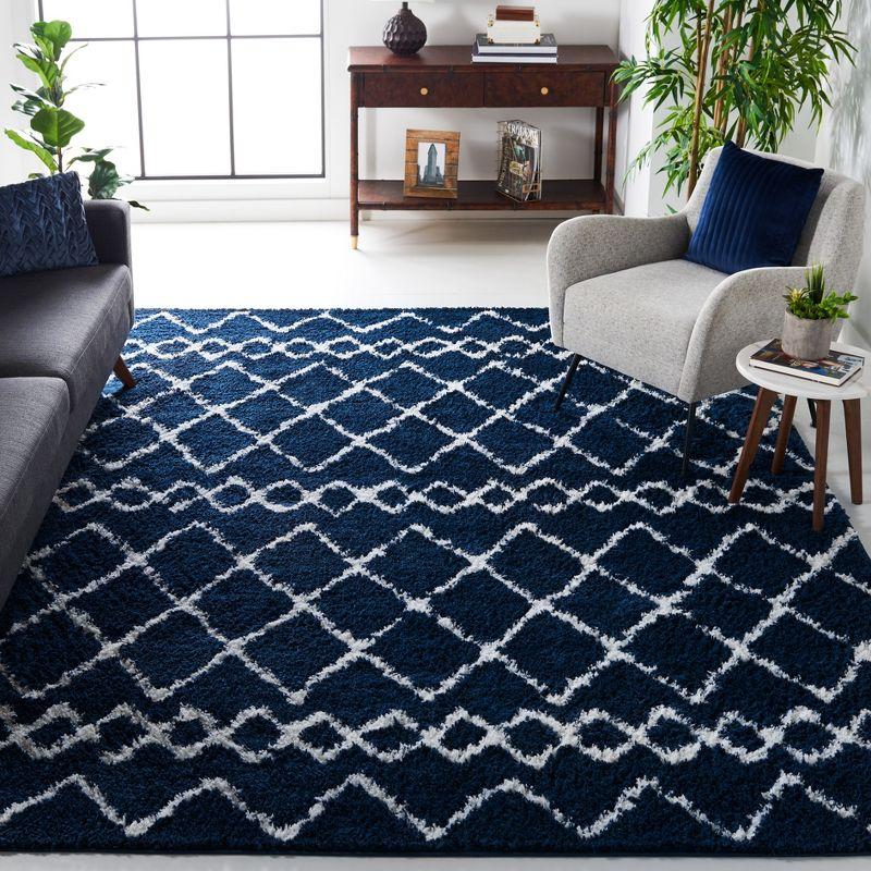 Ivory and Navy Square Shag Rug with Tribal Design