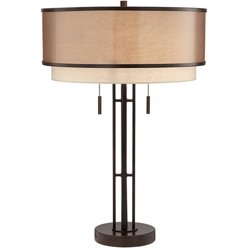 Franklin Iron Works Andes Modern Industrial Table Lamp 27 1/2" Tall Oil Rubbed Bronze Metal Stacked Double Fabric Drum Shade for Bedroom Living Room