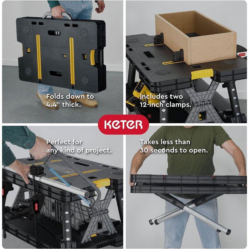 Keter Portable Folding Work Table Tool Storage Stand Workbench with 12 Inch Wood Clamps for Saws, Home Improvement, and Construction