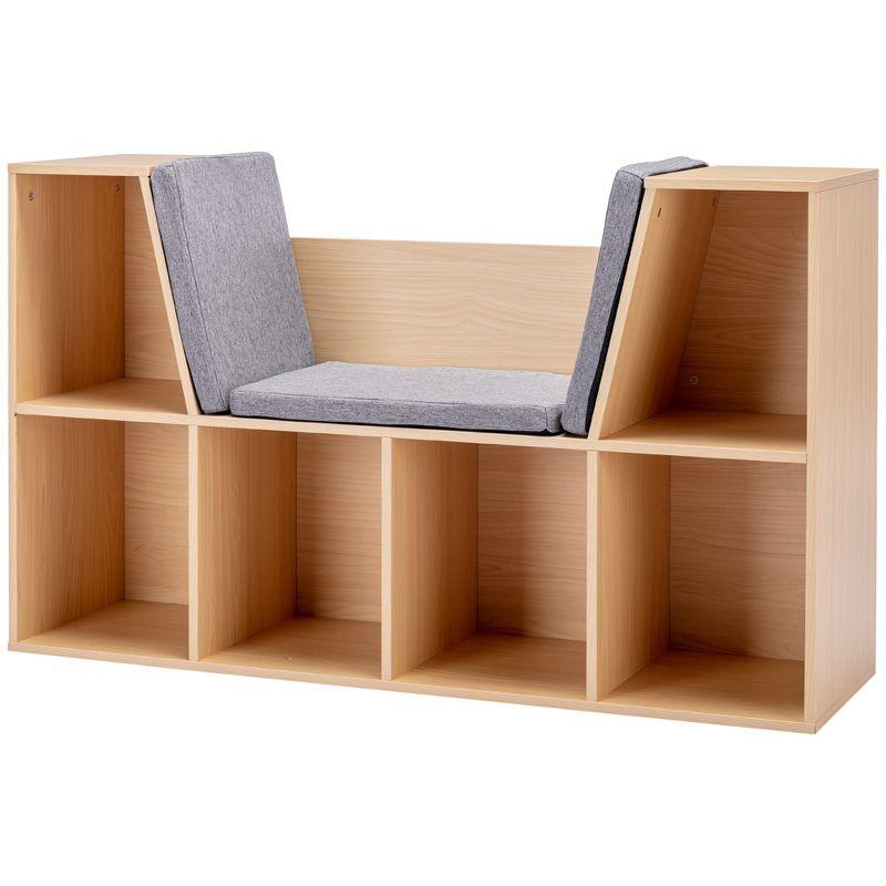 HOMCOM 6-Cubby Kids Bookcase, Reading Nook Organizer with Seat Cushion, Toddler Storage Cabinet Shelf for Playroom Bedroom Natual, 40.5" x 12" x 23.5"