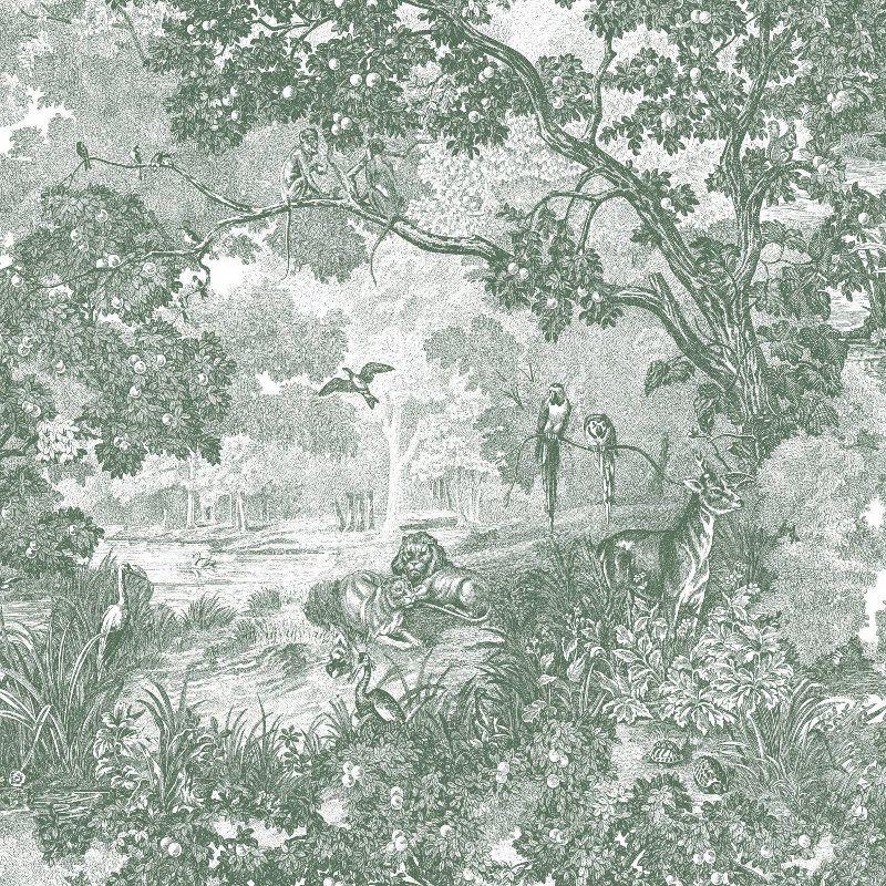 Green and Gray Jungle Toile Peel and Stick Wallpaper Roll