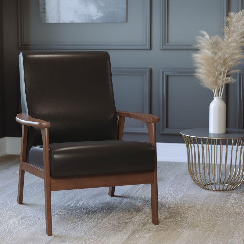 Flash Furniture Langston Commercial Grade LeatherSoft Upholstered Mid Century Modern Arm Chair with Walnut Finished Wooden Frame and Arms in Cognac