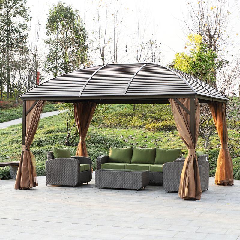 Outsunny Hardtop Gazebo  Pavilion with Curtains, Netting, Steel Roof, Aluminum Frame, and Ceiling Hook for Garden, Patio