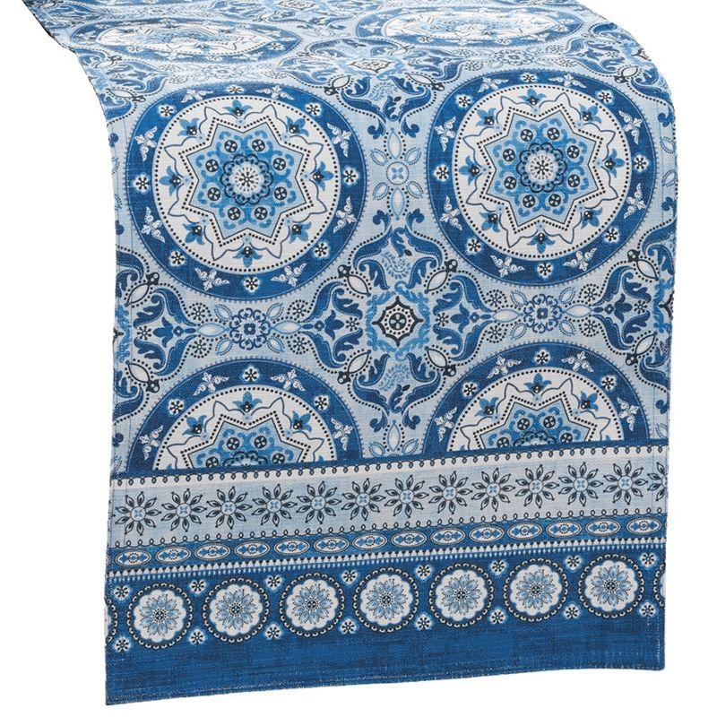 Vietri Medallion Blue Block Print Stain & Water Resistant Indoor/Outdoor Table Runner - Multicolor - 13x70 - Elrene Home Fashions