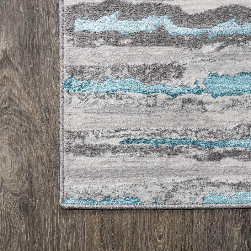 Gray and Turquoise Striped Synthetic Runner Rug