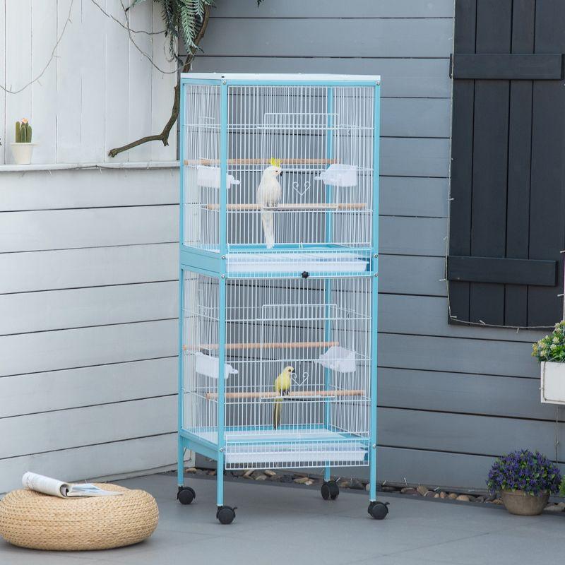 PawHut 55" 2 In 1 Bird Cage Aviary Parakeet House for finches, budgies with Wheels, Slide-out Trays, Wood Perch, Food Containers