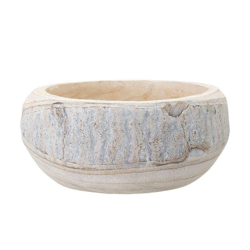 Hand-Carved Whitewashed Paulownia Wood Decorative Bowl