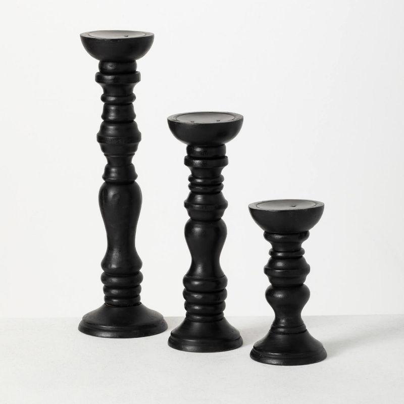 Curvaceous Black Mango Wood Candlestick Trio, 16.5" Height