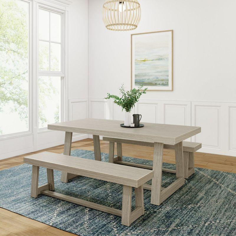 Plank+Beam Farmhouse Dining Table Set with 2 Benches, Table for Dining Room/Kitchen, Seats 6, 72", Seashell Wirebrush