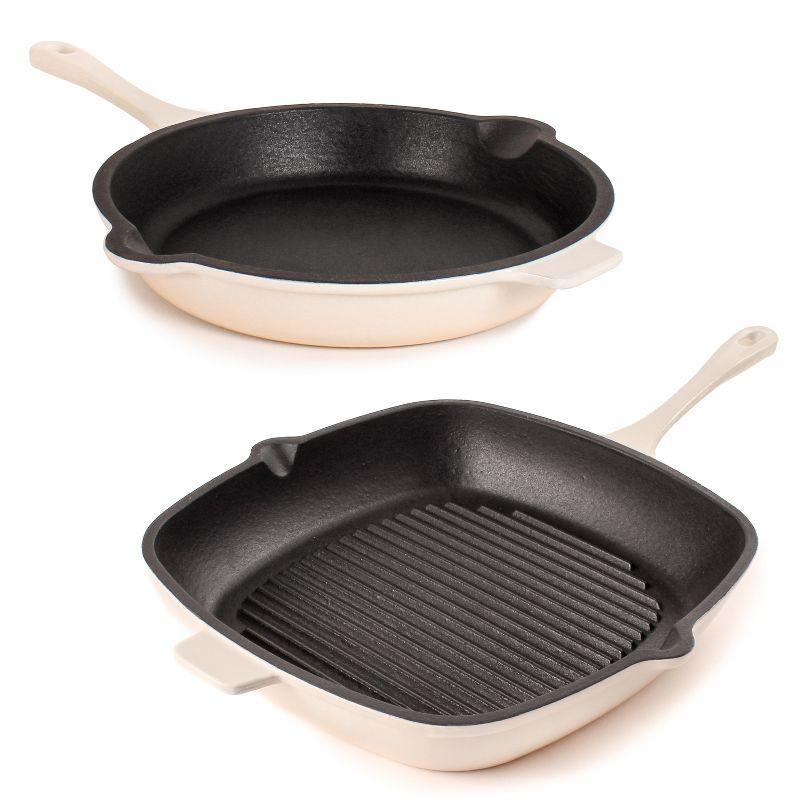 BergHOFF Neo 2Pc Cast Iron Cookware Set, 11" Grill Pan & 10" Fry Pan, Meringue